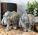 Ebros Silver and Gold Patterned Elephant Statue 5.25" Long Feng Shui Elephant Figurine Symbol of Wisdom Fortune and Protection (Mother and Calf Elephants Set)