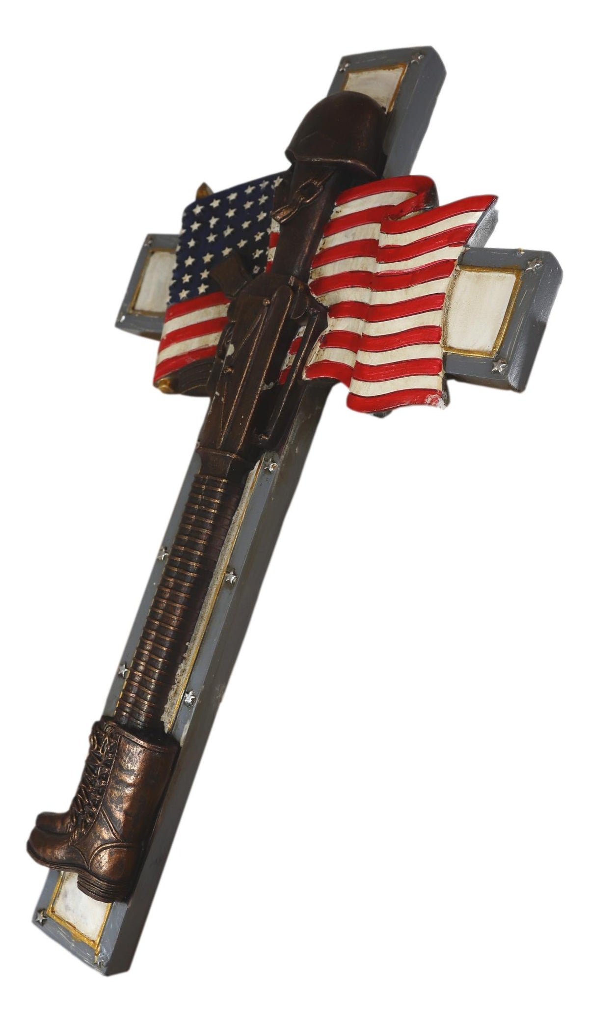 Rustic USA Flag American Fallen Soldier Helmet Rifle Boots Memorial Wall Cross - Ebros Gift