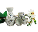 Japanese 7oz Blue White Sakura Cherry Blossoms Sake Flask With Four Cups Set