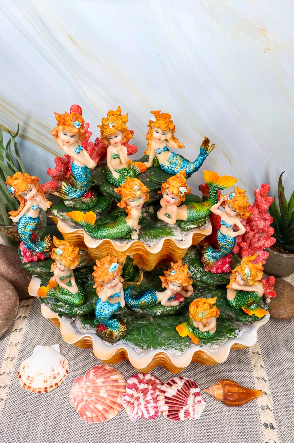 Colorful 2 Tier Golden Giant Clam Shells LED Display Stand With 12 Mini Mergirls - Ebros Gift