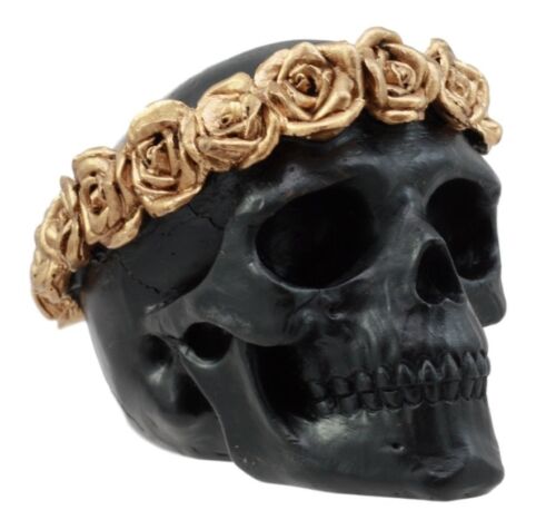 Day of The Dead Copper Rose Laurel Black Skull Figurine DOD Sugar Skull Decor - Ebros Gift