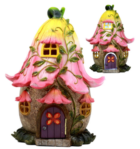 Mini Enchanted Fairy Garden Trumpet Lily Cottage Light Up House W/ Door Figurine - Ebros Gift