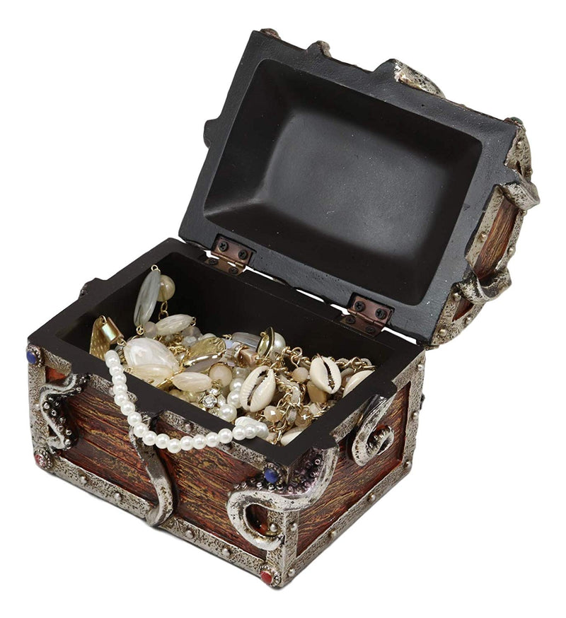 Ebros Gift Silver Shimmer Alien Octopus Guarding Pirate Treasure Chest Box Trinket Box Figurine Nautical Coastal Ocean Decorative Jewelry Storage Keepsake (6.25" Wide Medium)
