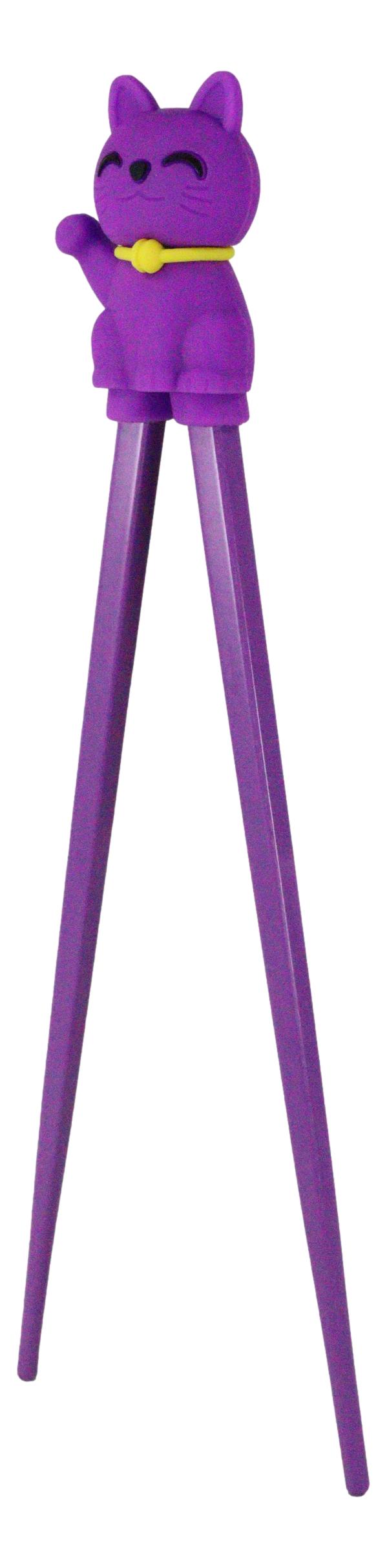 Purple Maneki Neko Lucky Cat Reusable Training Chopsticks Set W/ Silicone Helper - Ebros Gift