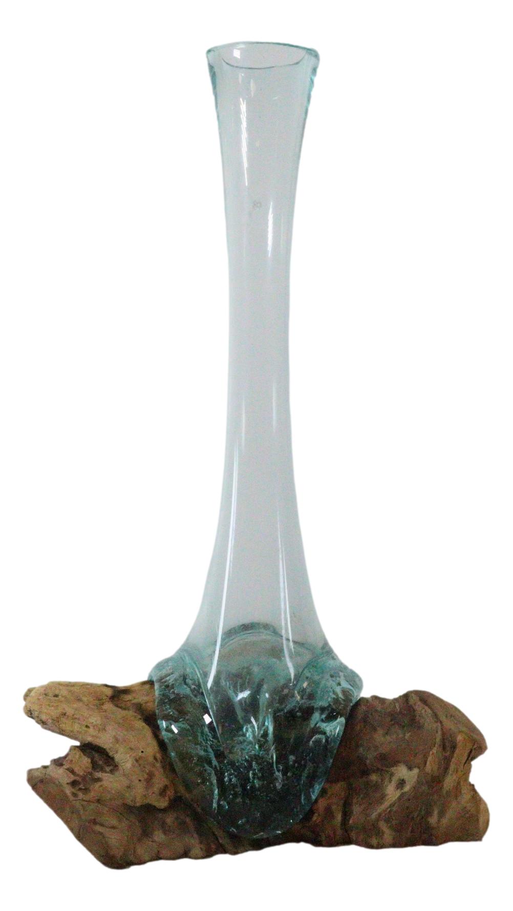 Balinese Gamal Driftwood With Long Necked Hand Blown Molten Glass Floral Vase - Ebros Gift