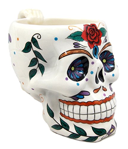 Ebros Gift White Tribal Day of The Dead Red Rose Sugar Skull Drink Coffee Mug Cup Ceramic 6.25"H - Ebros Gift