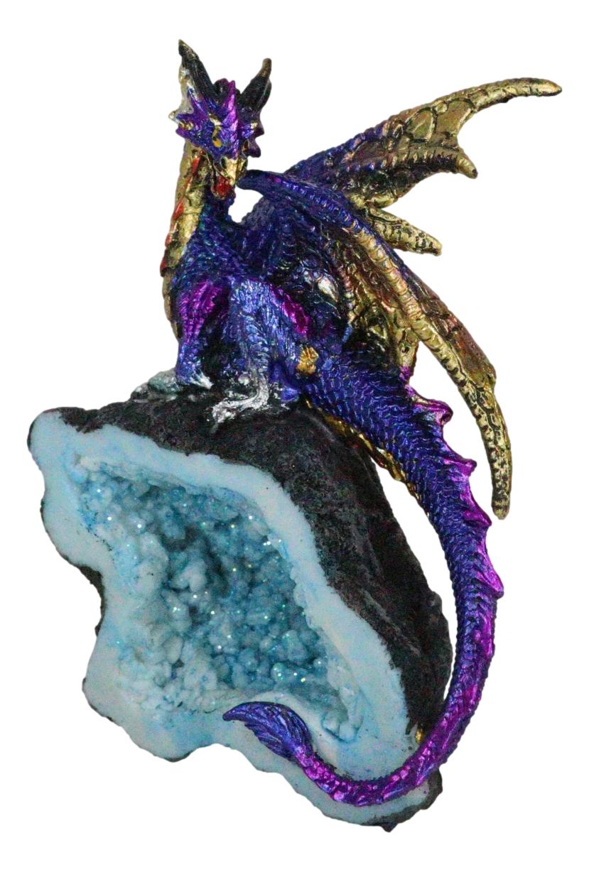 Azure Blue Iridescent Dragon On Faux Geode Rock Quartz Crystal Cove Figurine 5"H - Ebros Gift