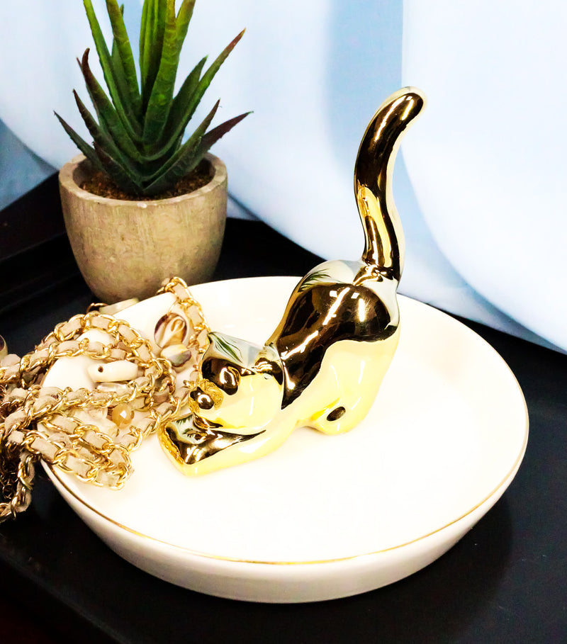 Golden Feline Cat Kitten Ceramic Ring Accessory Jewelry Holder Vanity Display