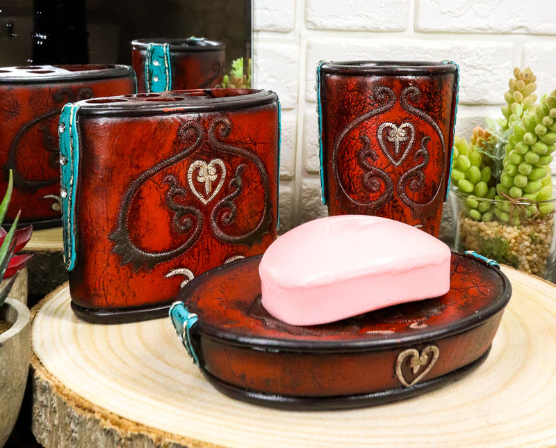 Western Cowgirl Red Love Heart Scrollwork Cup Soap Dish Toothbrush Holder Set