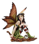 Jolly Christmas Woodlands Elf Fairy With Gazing Ball Sitting On Oak Leaf Statue