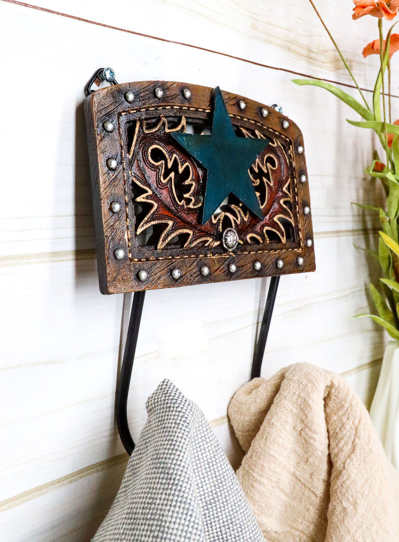 Rustic Western Lone Star Tooled Leather Bootcut Patterns 2-Peg Wall Hooks Decor