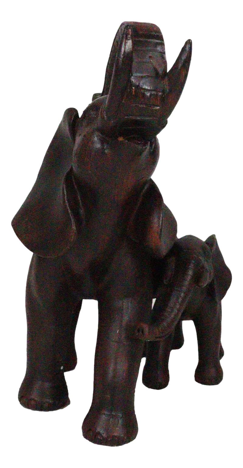 Safari Trunk Up Elephant Father and Calf Family Figurine In Faux Wood Finish
