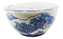 Ebros Set of 2 Ceramic Blue Hokusai Great Wave Portion Meal Bowls 3 Cups Airtight Lid