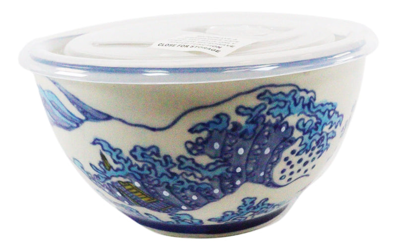 Ebros Set of 2 Ceramic Blue Hokusai Great Wave Portion Meal Bowls 3 Cups Airtight Lid