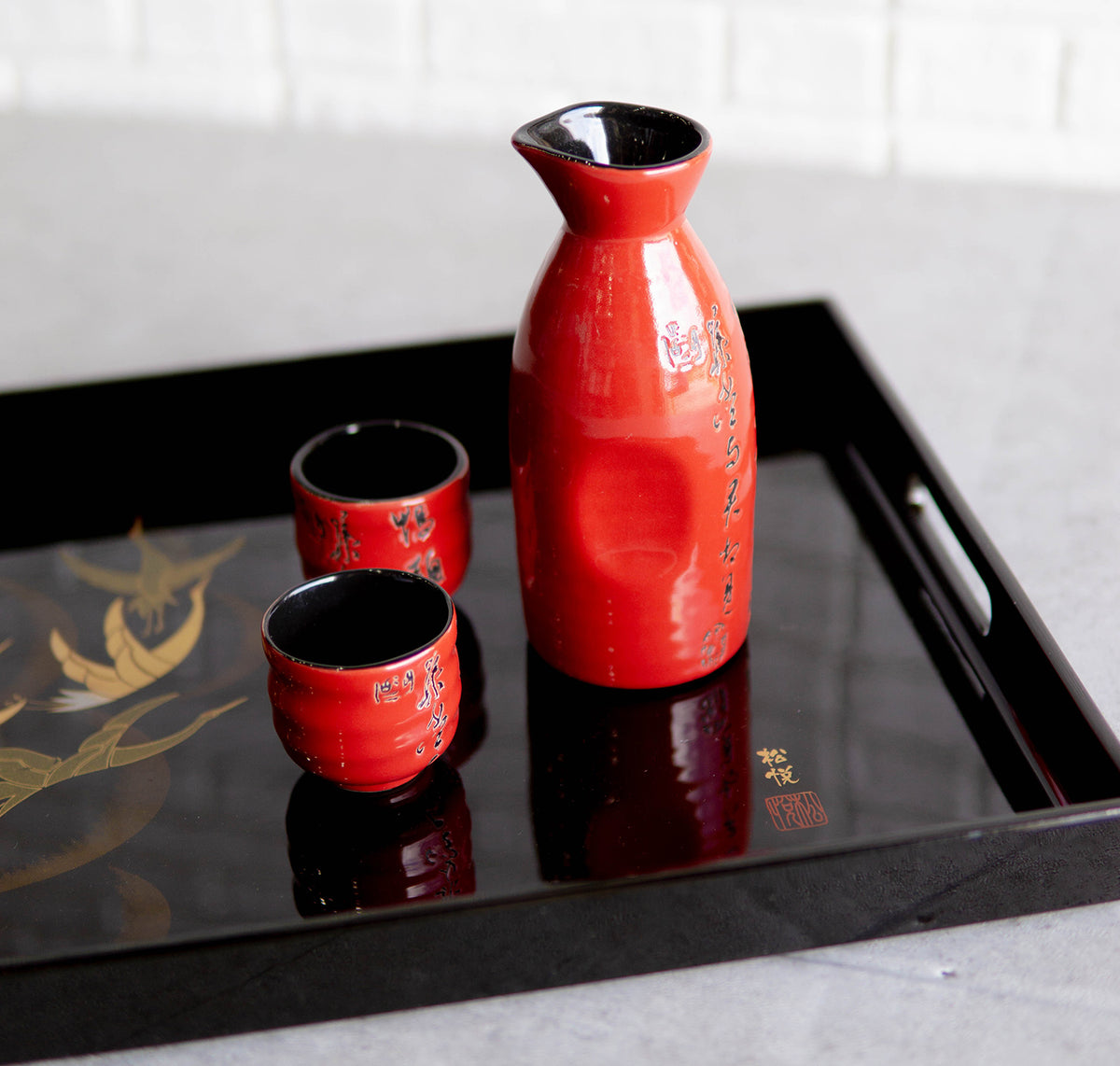 Japanese Flying Cranes 19" by 12" Large Black Lacquer Serving Tray With Handles - Ebros Gift