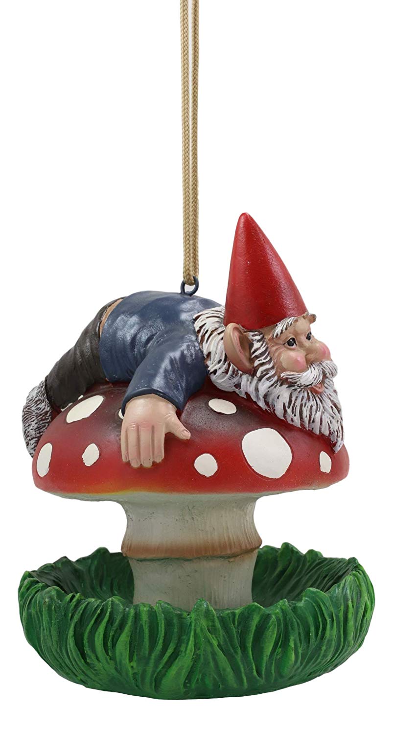 Ebros Naughty Gnome Stuck On Toadstool Mushroom Cap Bird Feeder Branch Hanger - Ebros Gift