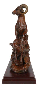 Rustic Country Bighorn Sheep Ram With Lambs On Rock Faux Mahogany Wood Figurine