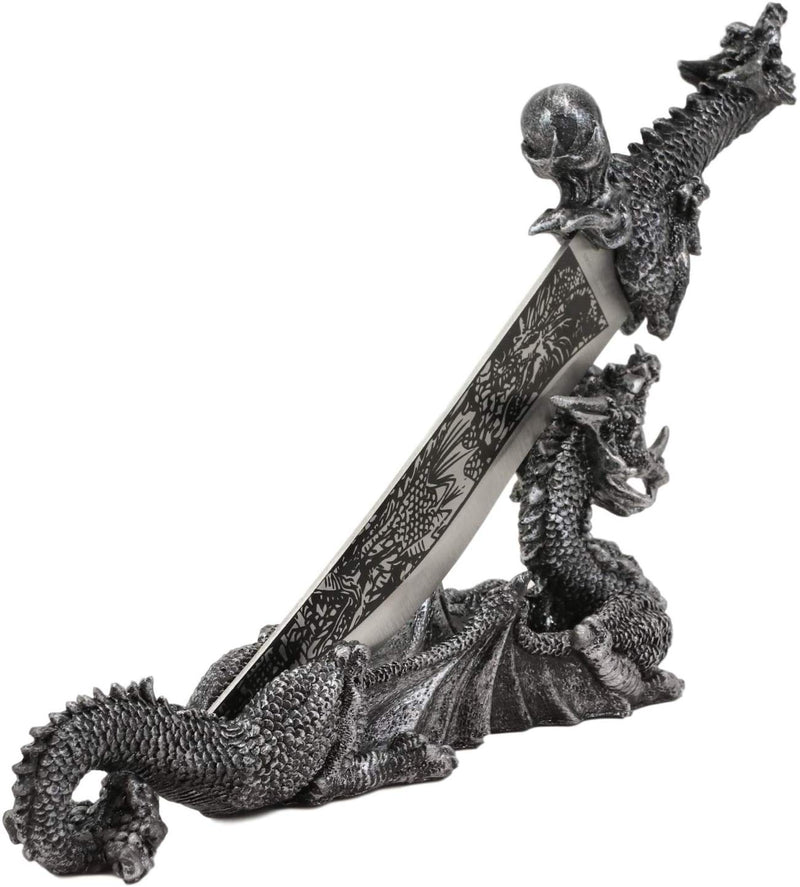 Ebros Gift Obsidian Athame Dragon Blade Letter Opener with Drake Base Stand Set