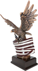 Flying Bald Eagle With American Flag Bronze Electroplated Figurine With Base