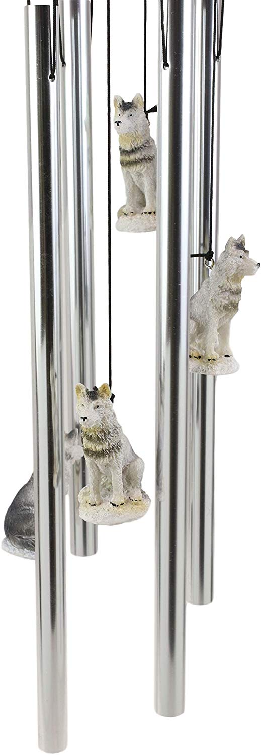 Ebros Gray Wolf Sculptural Wind Chime Resonant Relaxing Patio and Garden Chimes - Ebros Gift