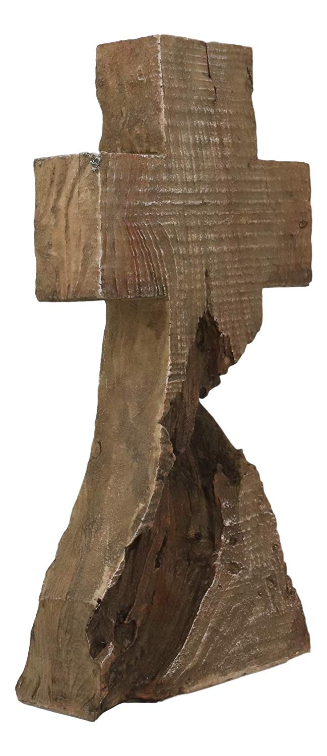 Ebros Rustic Distressed Wood Trunk Root Cross On The Mountain Sculpture 11.75" H