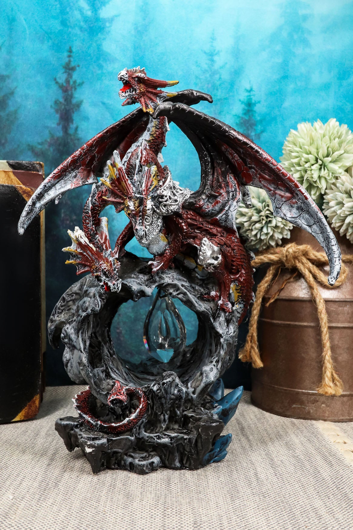 Ebros Gift 3 Headed Hydra Dragon Protecting Rune Crystal Decorative Figurine 9.75" Tall (Volcano Red and Silver Drake) - Ebros Gift