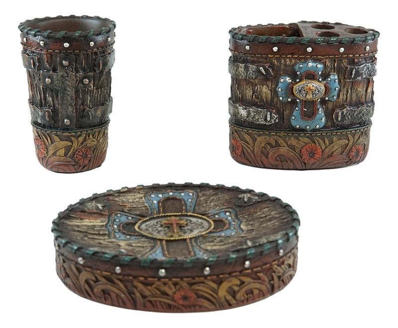 Country Rustic Western Floral Blue Cross With Concho 6 Piece Bathroom Vanity Set