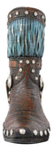 Rustic Western Tooled Leather Lace Patterns Boot Floral Vase With Blue Fringes