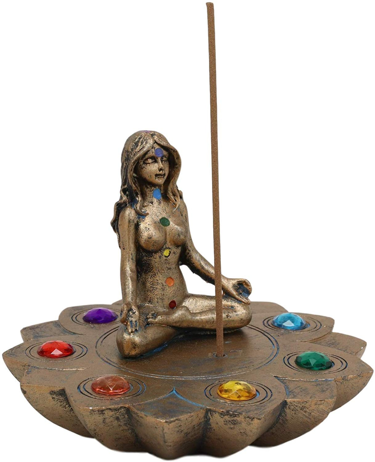 Ebros Feminine Triple Goddess Yoga with Chakra Lotus Flower Incense Stick Holder