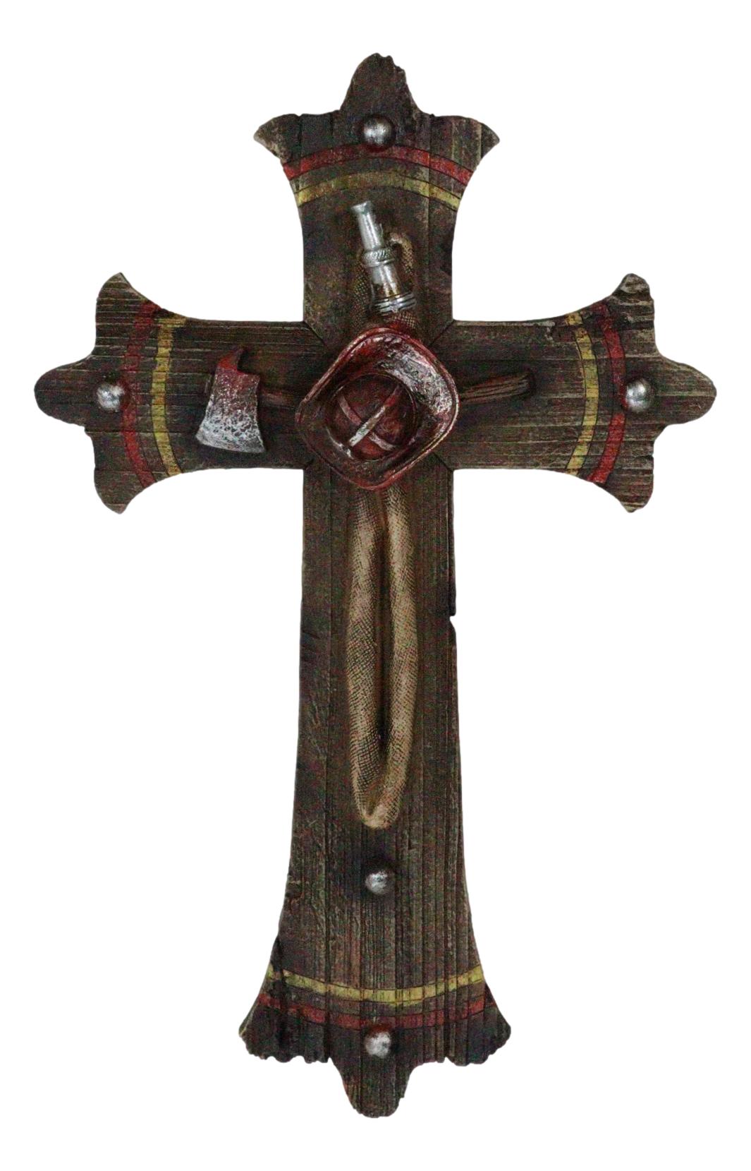 Rustic Fire Fighter Tools Fireman Axe Helmet Water Hose Faux Wood Wall Cross