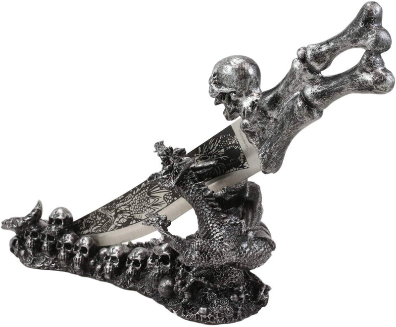 Ebros Gift Obsidian Athame Dragon Blade Letter Opener with Skull Base Stand Set