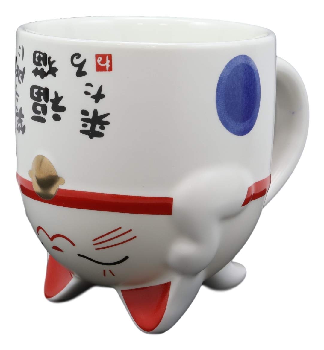 Ebros Topsy Turvy Lucky Cat Maneki Neko With Happiness Blue Dots Ceramic Coffee Mug