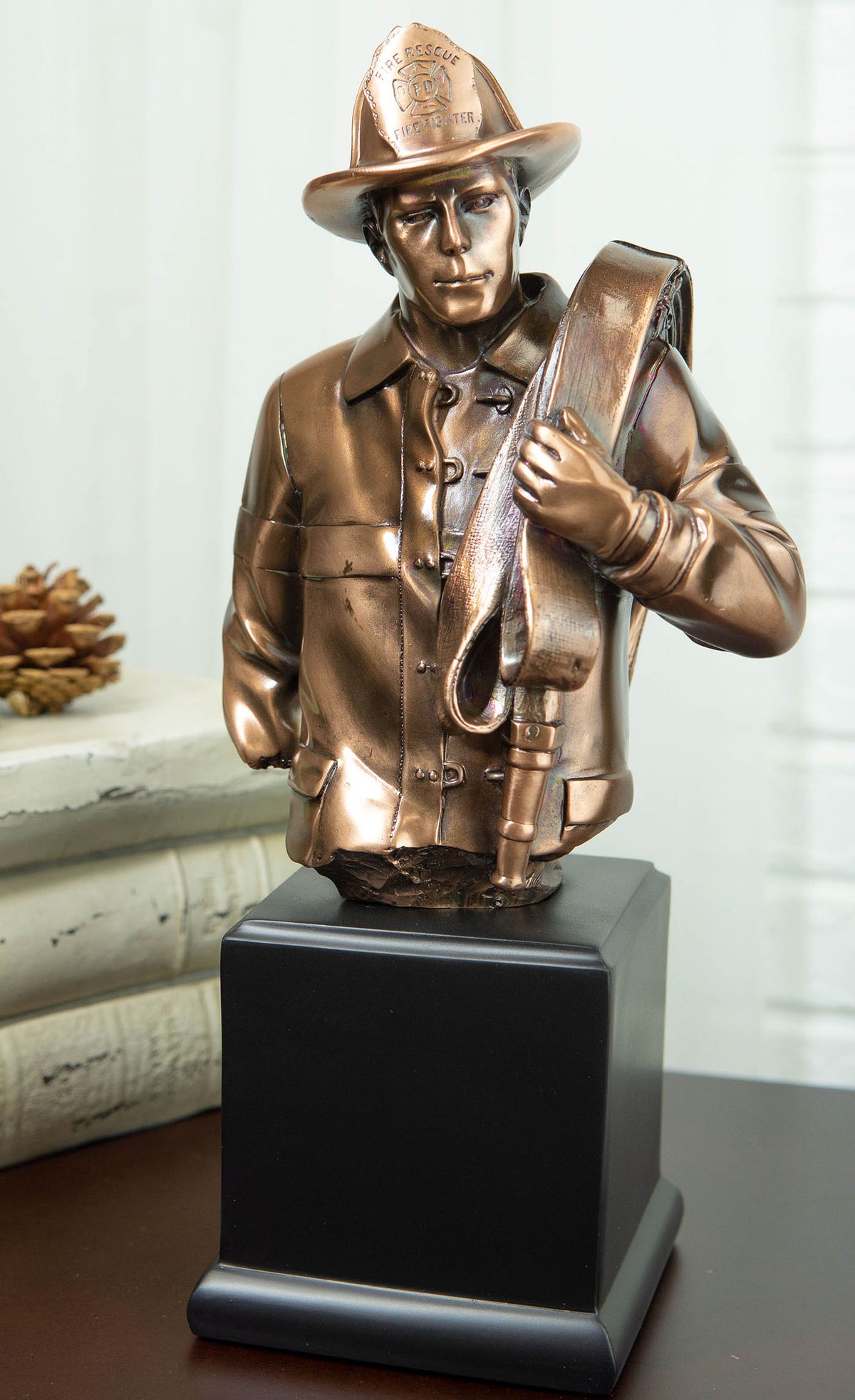 Fireman Carrying Fire Fighter Hose Reel Portrait Bust On Trophy Base Statue - Ebros Gift