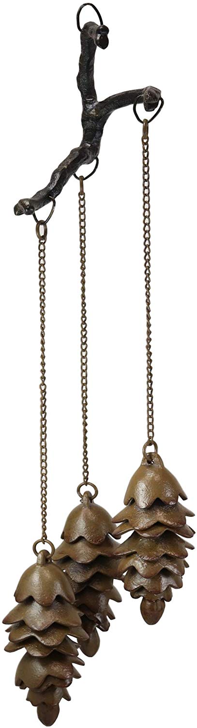 Ebros Gift Rustic Woodlands Cast Iron Triple Pine Cones Hanging from Twigs Resonant Wind Chime 27.5" High Pinecone Hanging Ornaments Garden Patio Western Cabin Lodge Mountain Home Accent