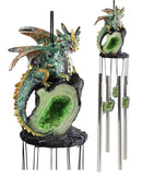 Medieval Green Dragon Guarding Emerald Crystal Geode Rock Figurine Wind Chime