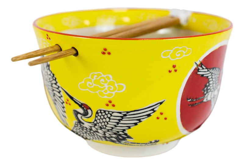 Red Flying Crane With Red Moon Ramen Noodles Soup Large 6"D Bowl With Chopsticks