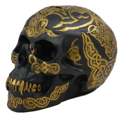 Ebros Celtic Tribal Knotwork Tattoo Black Ghost Vampire Skull Statue 7"Long As Macabre Ossuary Decor Dracula Skeleton Cranium For Halloween
