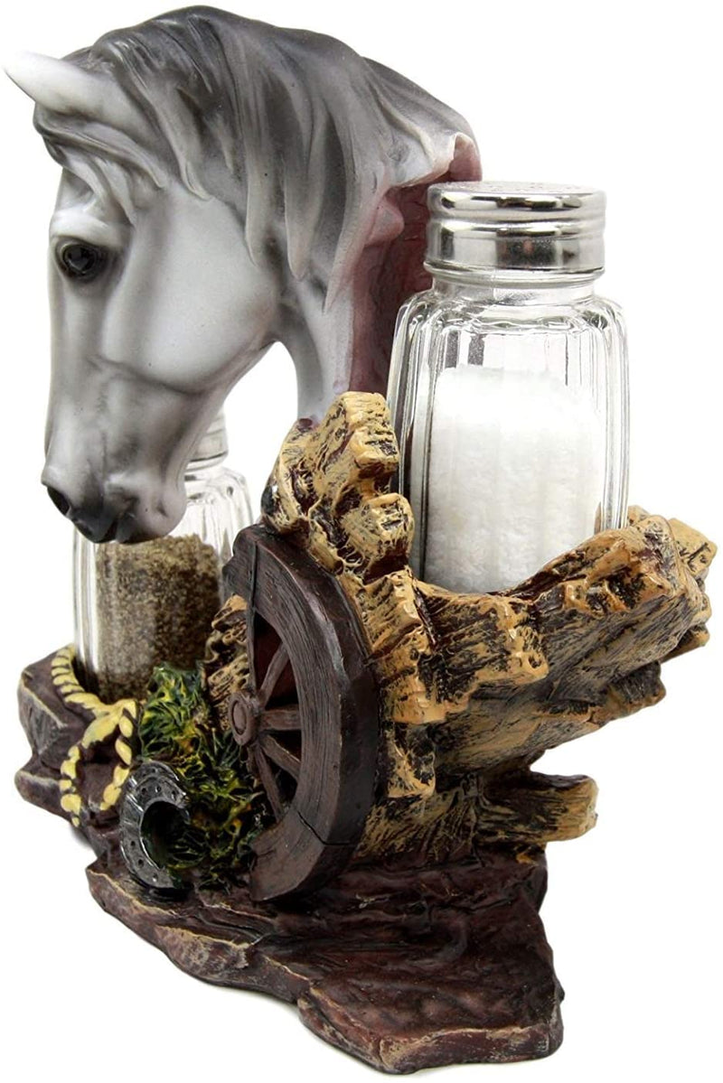 Ebros White Horse By Wagon Wheel Glass Salt Pepper Shakers Holder Set 6.25"H