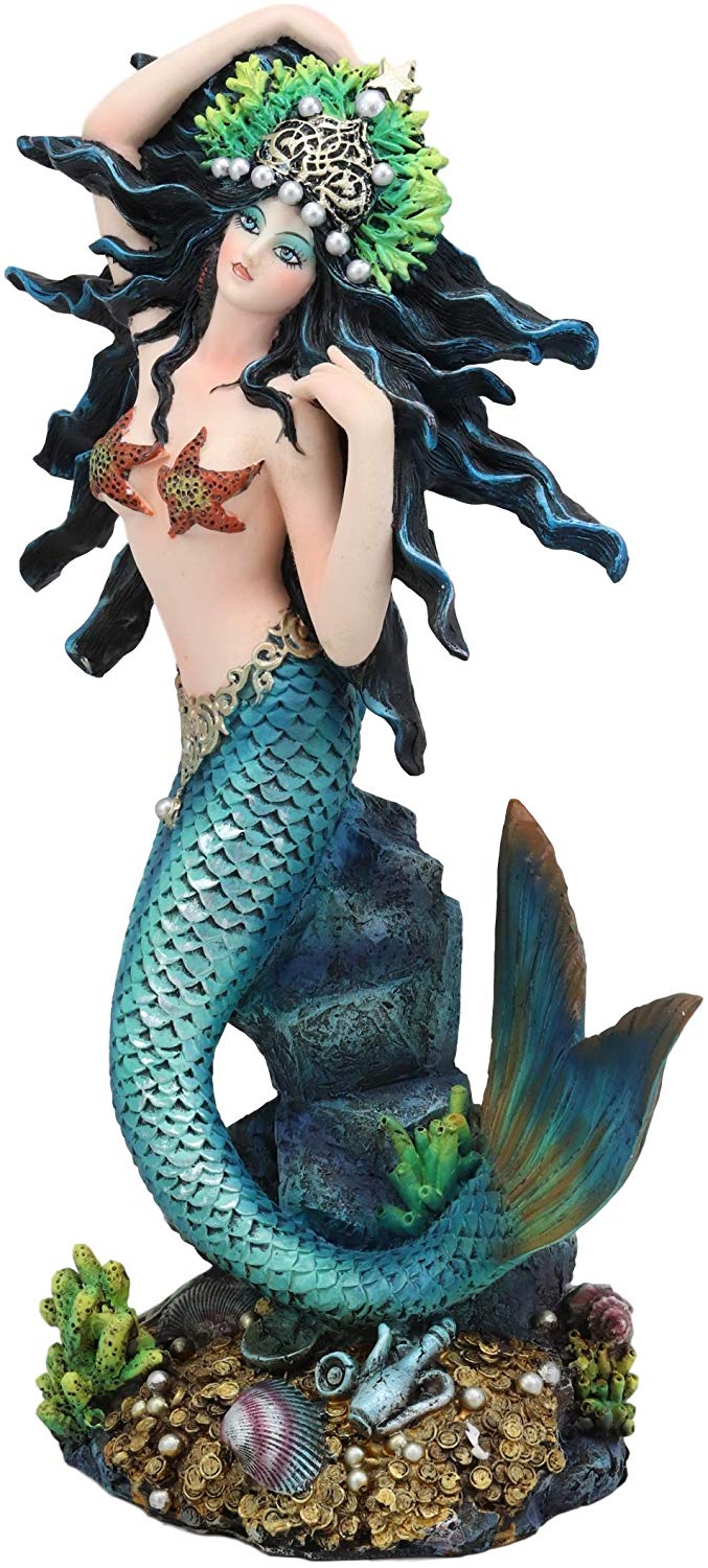 Ebros 11" Tall Colorful Nautical Ocean Turquoise Mermaid Pearl Crown Princess by Sunken Treasure Trove Statue Under The Sea Fantasy Mermaids Mergirls Sirens Figurines Decorative Home Accent - Ebros Gift