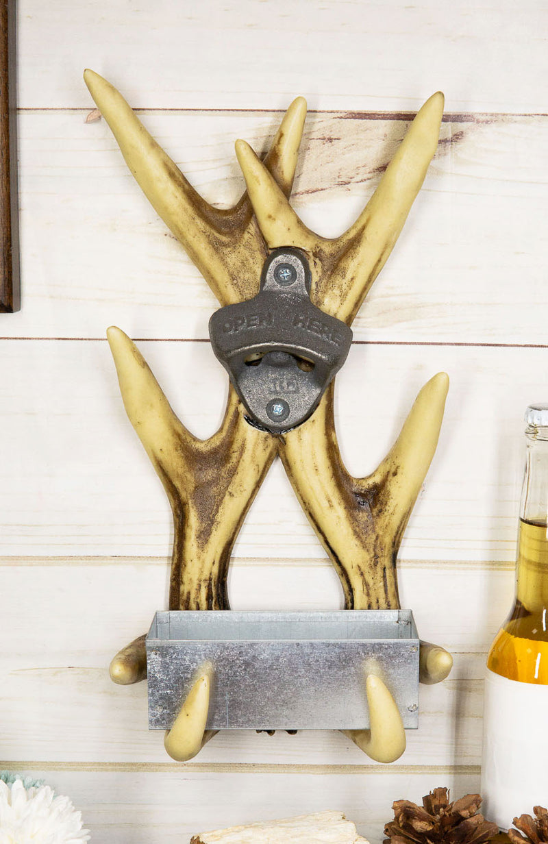 Rustic Western Faux Stag Deer Antlers Wall Bottle Cap Metal Opener With Basin