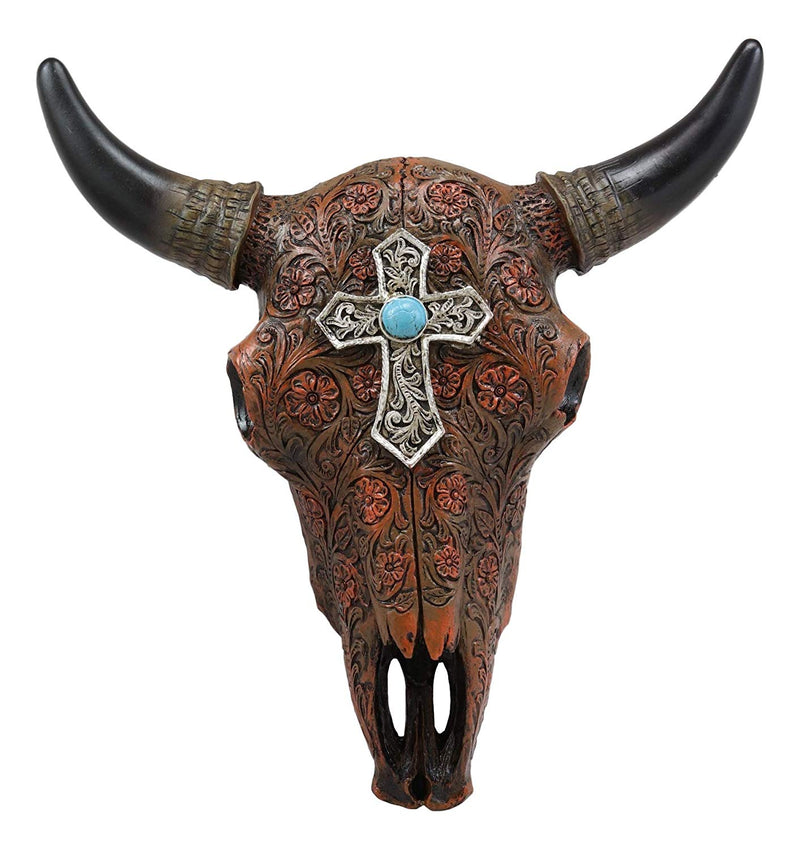 Ebros 11" High Western Southwest Steer Bison Buffalo Bull Cow Horned Skull Head with Turquoise Gem Silver Cross Tooled Leather Design Wall Mount Decor - Ebros Gift