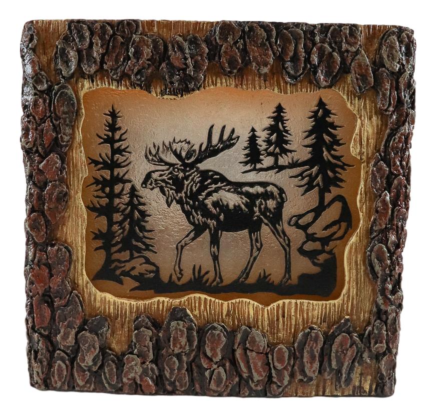 Rustic Pine Forest Elk Moose Faux Carved Wood Bark Night Light Lamp Sculpture
