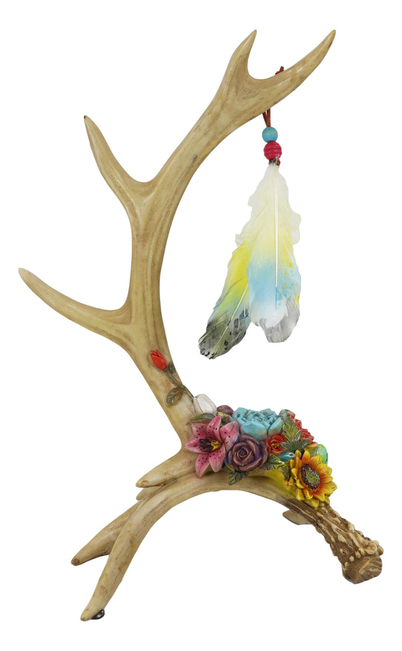 Rustic Buck Deer Antler With Flowers And Feathers Jewelry Tree Or Decor Figurine