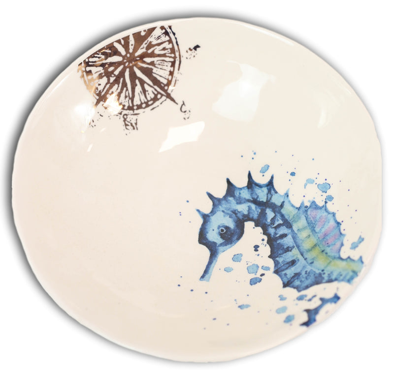 Nautical Blue White Seahorse And Helm Ceramic 46oz Pasta Salad Soup Dinner Bowl