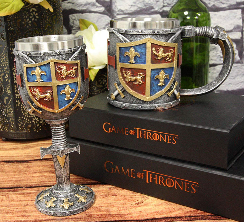 Ebros Lion And Fleur De Lis Coat Of Arms Crusader Knights Wine Goblet And Mug