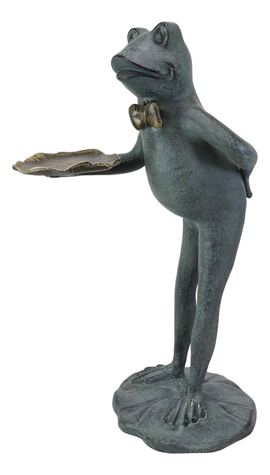 Ebros Gift 20" Tall Aluminum Rustic Whimsical Green Frog with Bow Tie Waiter Butler Garden Side Tray Table Or Bird Feeder Statue Decorative Frogs and Toads Zen Feng Shui Accent Decor - Ebros Gift