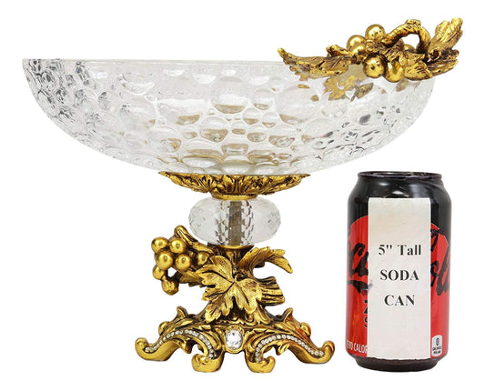 Ebros Gift Vintage Antique Baroque Design Oval Bowl Acrylic Glass Dish 11" Wide Dessert Fruits Footed Platter Stand with Electroplated Gold Vineyard Base Sculpture and Austrian Crystals Centerpiece - Ebros Gift