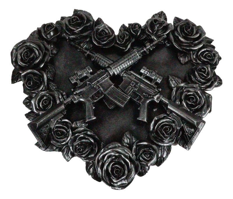 Gunmetal Roses and Rifle Guns Heart Shape Gothic Wall Decor Art Plaque Figurine
