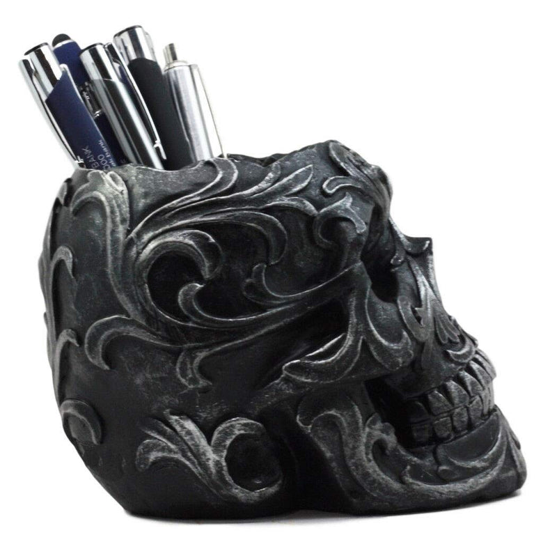 Ebros Gift Tribal Tattoo Floral Skull Pen Holder Figurine 5.75"L Office Decor
