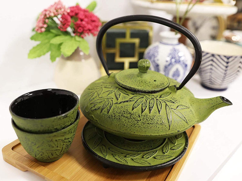 Japanese Evergreen Bamboo Matcha Green Heavy Cast Iron Tea Pot With Trivet and 2 Cups